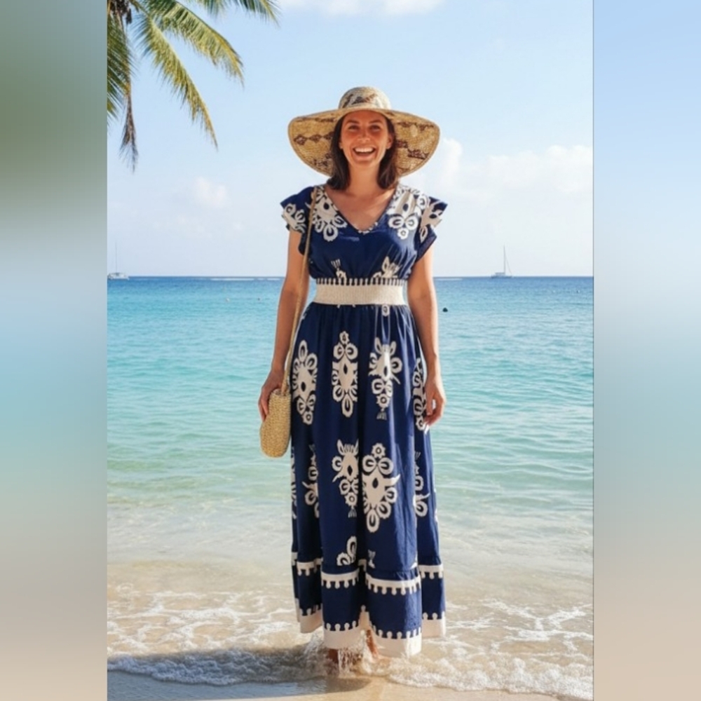 Women's Navy Blue Floral Print V-neck A-line Dress